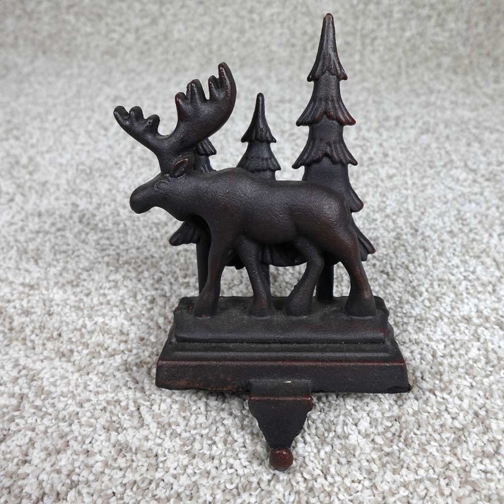 Rustic‎ Cast Iron Moose and Trees Christmas Stocking Holder Brown Lodge Decor